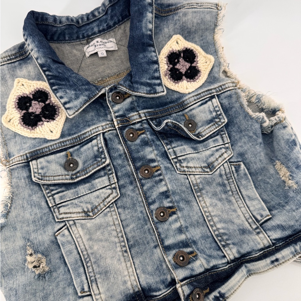 Girls BOY LONDON JEANS Denim Collection Denim Vest with Crochet Accents